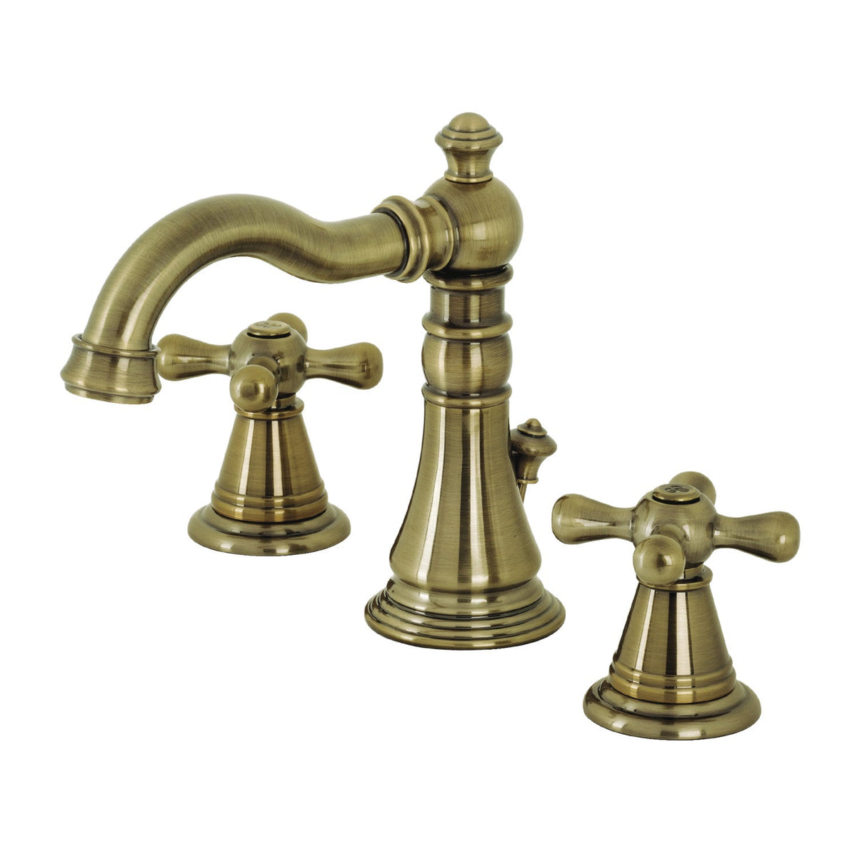 American Classic Two-Handle 3-Hole Deck Mount Widespread Bathroom Faucet with Brass Pop-Up, Antique Brass