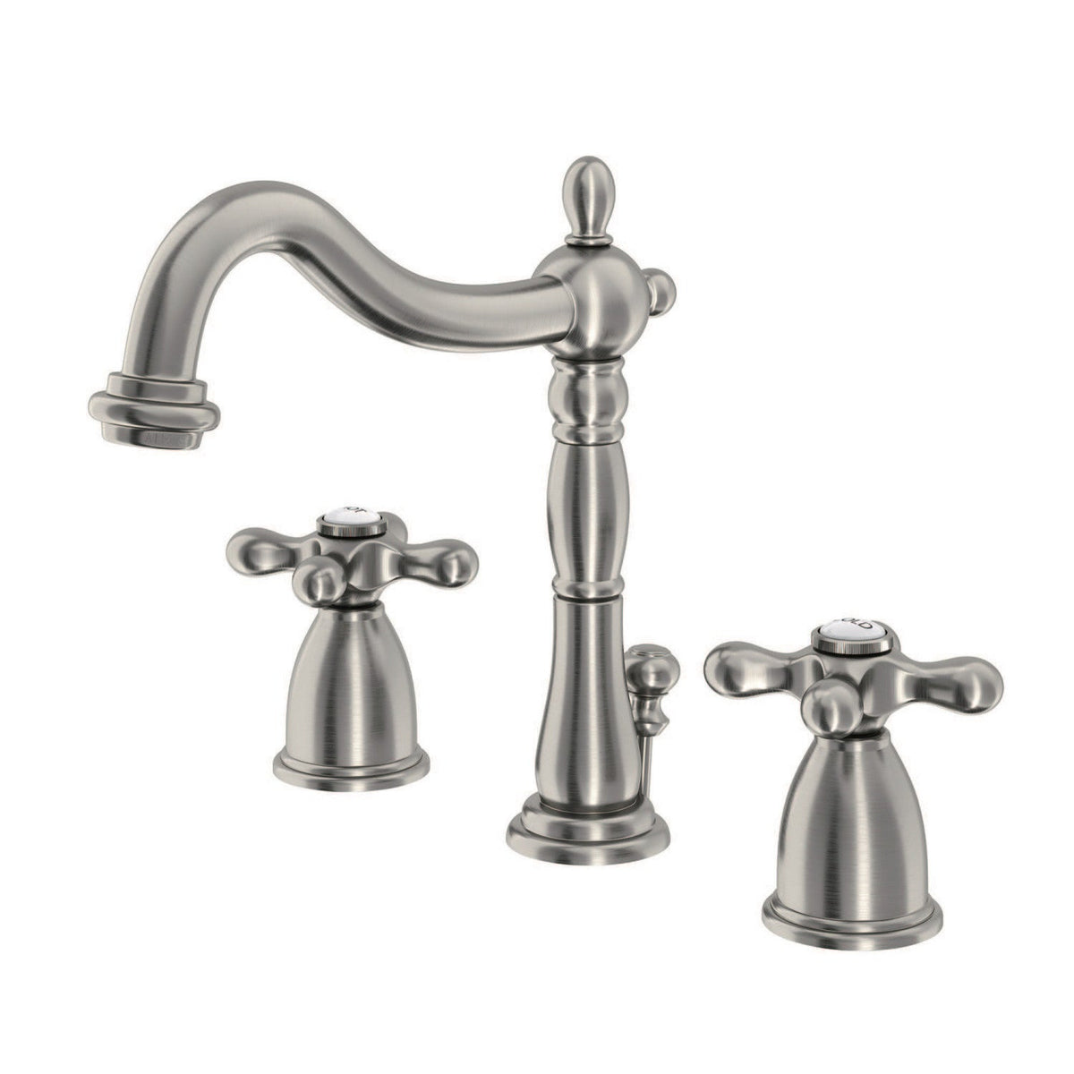 Heritage Two-Handle 3-Hole Deck Mount Widespread Bathroom Faucet with Pop-Up Drain, Brushed Nickel