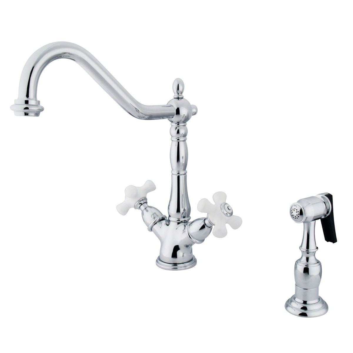 Heritage Two-Handle 2-or-4 Hole Kitchen Faucet with Brass Sprayer, Polished Chrome