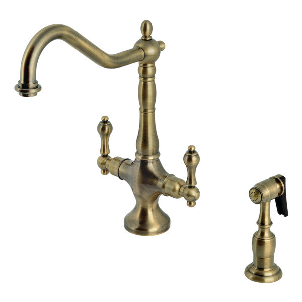 Heritage Two-Handle 2-Hole Kitchen Faucet with Brass Sprayer, Antique Brass