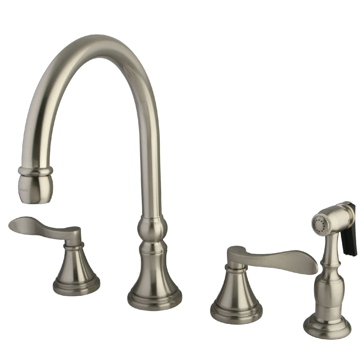 NuFrench Double-Handle 4-Hole Widespread Kitchen Faucet with Brass Sprayer, Brushed Nickel