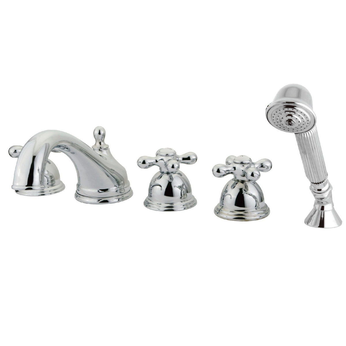Magellan Three-Handle 5-Hole Deck Mount Roman Tub Faucet with Hand Shower, Polished Chrome