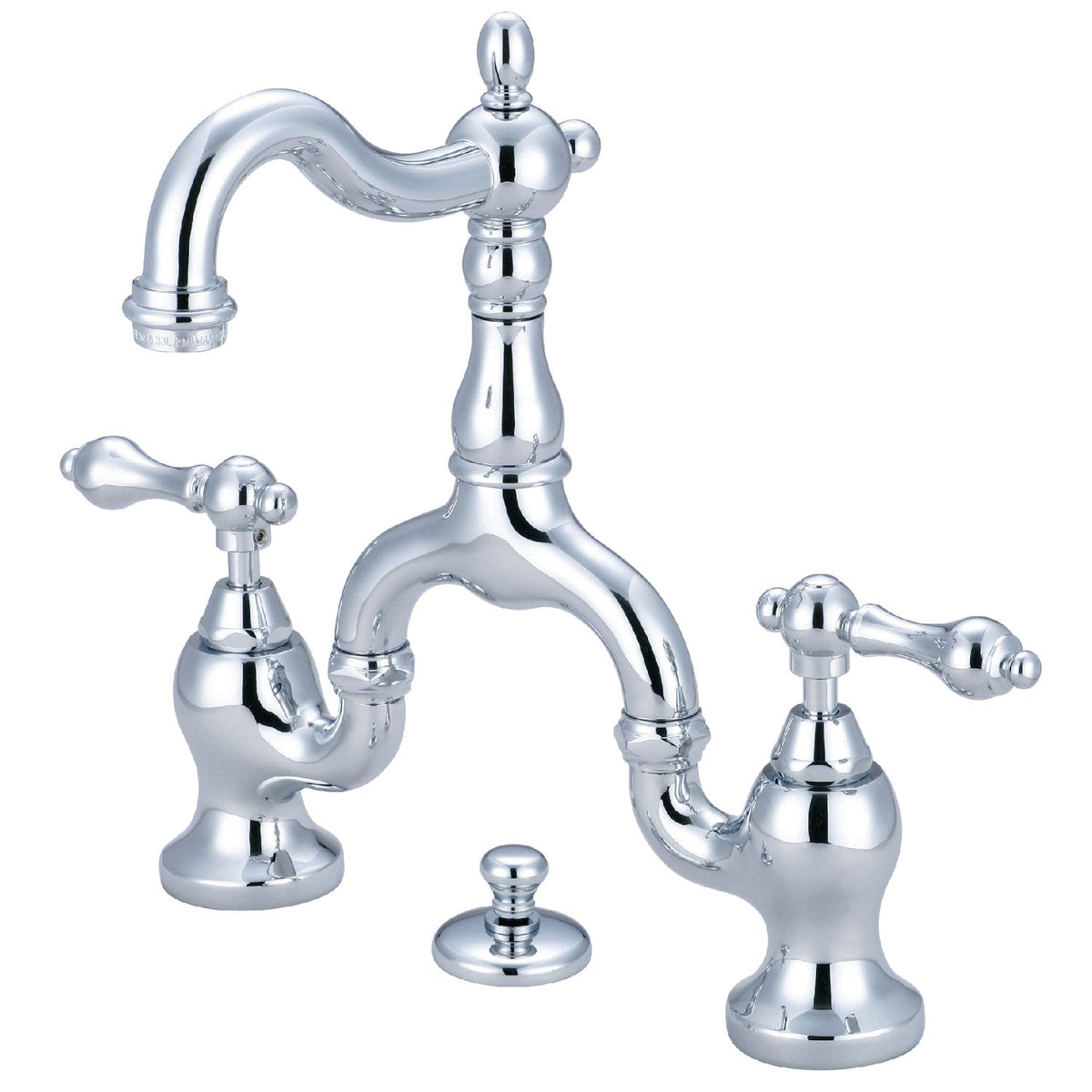 English Country Two-Handle 3-Hole Deck Mount Bridge Bathroom Faucet with Brass Pop-Up, Polished Chrome