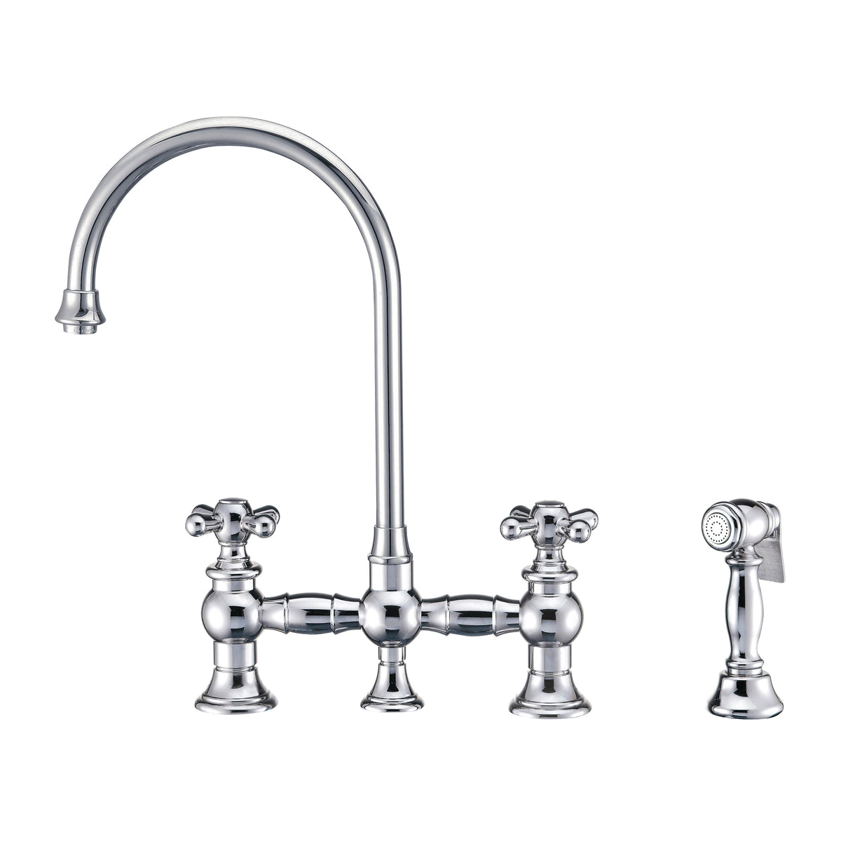 Vintage III Plus Bridge Faucet with Long Gooseneck Swivel Spout, Cross Handles and Solid Brass Side Spray, Polished Chrome