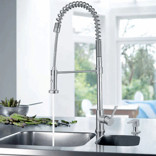 Waterhaus Lead Free, Solid Stainless Steel Commercial Single-Hole Faucet with Flexible Pull Down Spray Head, Swivel Spout Support Bar and Solid Lever Handle, Polished Stainless Steel
