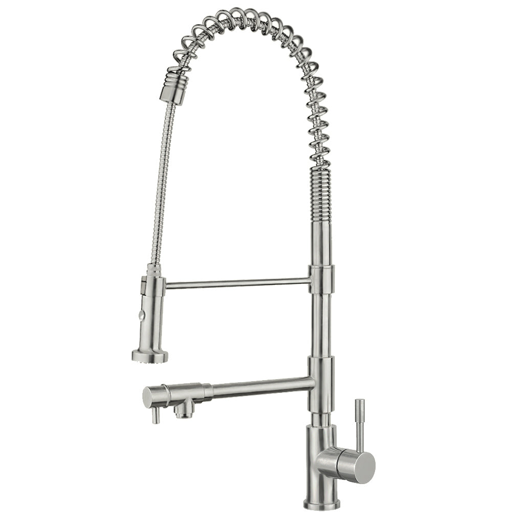 Waterhaus Lead Free, Solid Stainless Steel Commercial Single-Hole Faucet with Flexible Pull Down Spray Head, Swivel Support Bar & 2 Control Levers (WHS1644-SK), Brushed Stainless Steel