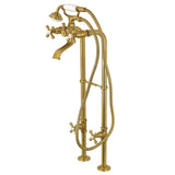 Three-Handle 2-Hole Freestanding Tub Faucet with Supply Line and Stop Valve, Brushed Brass