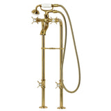 Three-Handle 2-Hole Freestanding Tub Faucet with Supply Line and Stop Valve, Brushed Brass