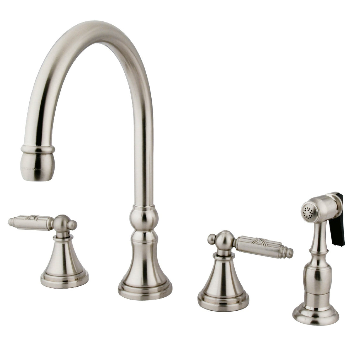Georgian Double-Handle 4-Hole Widespread Kitchen Faucet with Brass Sprayer, Brushed Nickel