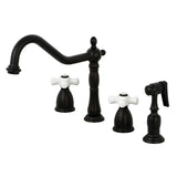 Heritage Double-Handle 4-Hole Widespread Kitchen Faucet with Brass Sprayer, Matte Black