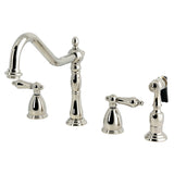 Heritage Double-Handle 4-Hole Widespread Kitchen Faucet with Brass Sprayer, Polished Nickel