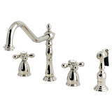 Heritage Double-Handle 4-Hole Widespread Kitchen Faucet with Brass Sprayer, Polished Nickel