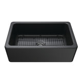 Kaolin 30-Inch Fireclay Single Bowl Farmhouse Kitchen Sink with Bottom Grid and Strainer, Matte Black