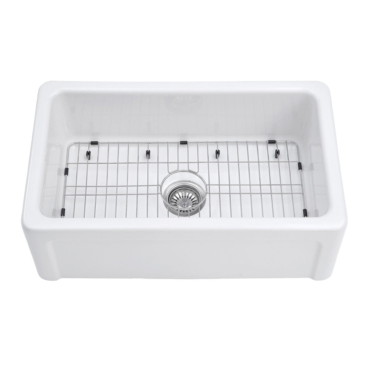 Kaolin 30-Inch Fireclay Single Bowl Farmhouse Kitchen Sink with Bottom Grid and Strainer, Glossy White