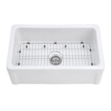 Kaolin 30-Inch Fireclay Single Bowl Farmhouse Kitchen Sink with Bottom Grid and Strainer, Glossy White