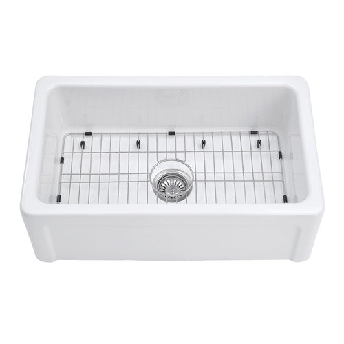 Kaolin 30-Inch Fireclay Single Bowl Farmhouse Kitchen Sink with Bottom Grid and Strainer, Glossy White