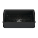Kaolin 33-Inch Fireclay Single Bowl Farmhouse Kitchen Sink with Bottom Grid and Strainer, Matte Black