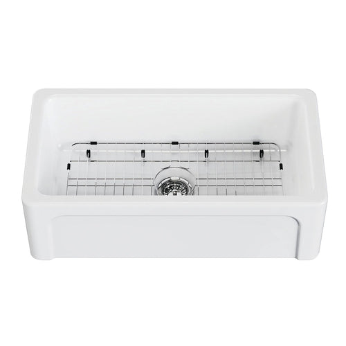 Kaolin 33-Inch Fireclay Single Bowl Farmhouse Kitchen Sink with Bottom Grid and Strainer, Glossy White