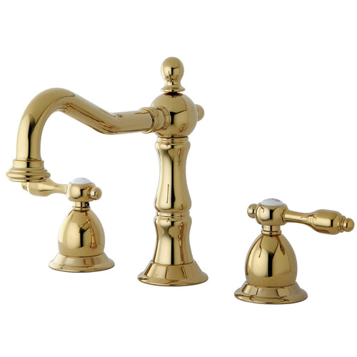 Tudor Two-Handle 3-Hole Deck Mount Widespread Bathroom Faucet with Brass Pop-Up, Polished Brass
