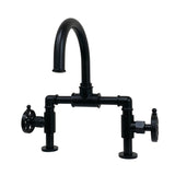 Belknap Two-Handle 2-Hole Deck Mount Bridge Bathroom Faucet with Push Pop-Up Drain, Matte Black