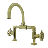Belknap Two-Handle 2-Hole Deck Mount Bridge Bathroom Faucet with Push Pop-Up Drain, Polished Brass
