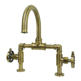 Belknap Two-Handle 2-Hole Deck Mount Bridge Bathroom Faucet with Push Pop-Up Drain, Antique Brass