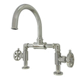 Belknap Two-Handle 2-Hole Deck Mount Bridge Bathroom Faucet with Push Pop-Up Drain, Polished Nickel