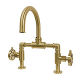 Belknap Two-Handle 2-Hole Deck Mount Bridge Bathroom Faucet with Push Pop-Up Drain, Brushed Brass