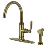 Whitaker Single-Handle 2-Hole Deck Mount Kitchen Faucet with Brass Side Sprayer, Antique Brass