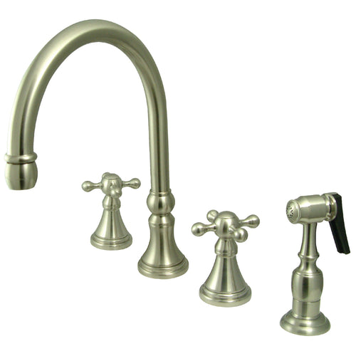 Governor Double-Handle 4-Hole Widespread Kitchen Faucet with Brass Sprayer, Brushed Nickel