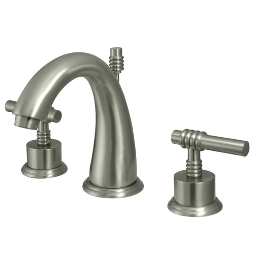 Milano Two-Handle 3-Hole Deck Mount Widespread Bathroom Faucet with Brass Pop-Up, Brushed Nickel