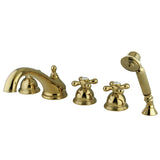 Magellan Three-Handle 5-Hole Deck Mount Roman Tub Faucet with Hand Shower, Polished Brass