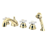Milano Three-Handle 5-Hole Deck Mount Roman Tub Faucet with Hand Shower, Polished Brass