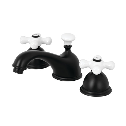 Restoration Two-Handle 3-Hole Deck Mount Widespread Bathroom Faucet with Brass Pop-Up, Matte Black