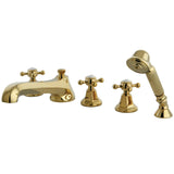 Metropolitan Three-Handle 5-Hole Deck Mount Roman Tub Faucet with Hand Shower, Polished Brass