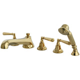 Metropolitan Three-Handle 5-Hole Deck Mount Roman Tub Faucet with Hand Shower, Polished Brass