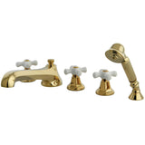 Metropolitan Three-Handle 5-Hole Deck Mount Roman Tub Faucet with Hand Shower, Polished Brass
