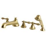 Metropolitan Three-Handle 5-Hole Deck Mount Roman Tub Faucet with Hand Shower, Brushed Brass