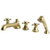 Metropolitan Three-Handle 5-Hole Deck Mount Roman Tub Faucet with Hand Shower, Brushed Brass