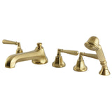 Metropolitan Three-Handle 5-Hole Deck Mount Roman Tub Faucet with Hand Shower, Brushed Brass