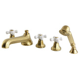 Metropolitan Three-Handle 5-Hole Deck Mount Roman Tub Faucet with Hand Shower, Brushed Brass