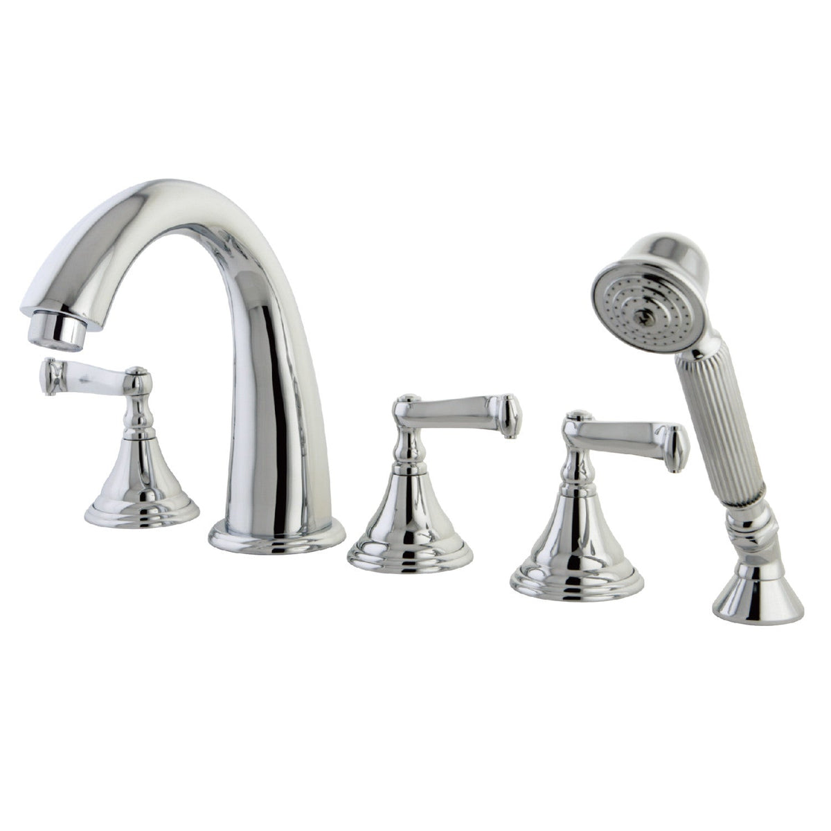 Royale Three-Handle 5-Hole Deck Mount Roman Tub Faucet with Hand Shower, Polished Chrome