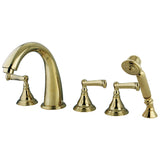 Royale Three-Handle 5-Hole Deck Mount Roman Tub Faucet with Hand Shower, Polished Brass