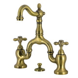 English Country Two-Handle 3-Hole Deck Mount Bridge Bathroom Faucet with Brass Pop-Up, Antique Brass