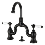 English Country Two-Handle 3-Hole Deck Mount Bridge Bathroom Faucet with Brass Pop-Up, Matte Black