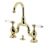 English Country Two-Handle 3-Hole Deck Mount Bridge Bathroom Faucet with Brass Pop-Up, Polished Brass