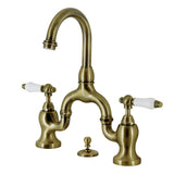 English Country Two-Handle 3-Hole Deck Mount Bridge Bathroom Faucet with Brass Pop-Up, Antique Brass