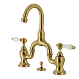 English Country Two-Handle 3-Hole Deck Mount Bridge Bathroom Faucet with Brass Pop-Up, Brushed Brass