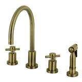 Concord Double-Handle 4-Hole Widespread Kitchen Faucet with Brass Sprayer, Antique Brass