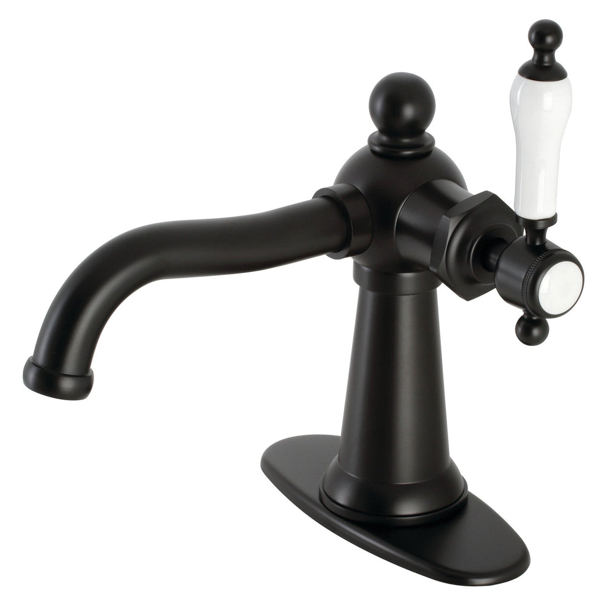 Nautical One-Handle 1-Hole Bathroom Faucet with Deck Plate and Push Pop-Up Drain, Matte Black
